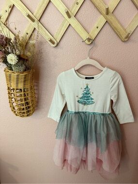 Zunie Cream & Green Holiday Tulle Dress for Kids